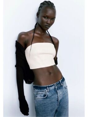 Zara Strapless Faux Leather Bustier Top - Cream